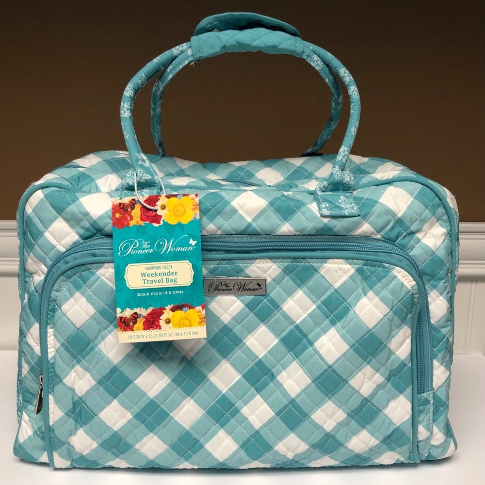Pioneer Woman Teal Charming Check Quilted Weekender Travel Bag Tote 18.2"x13.25"